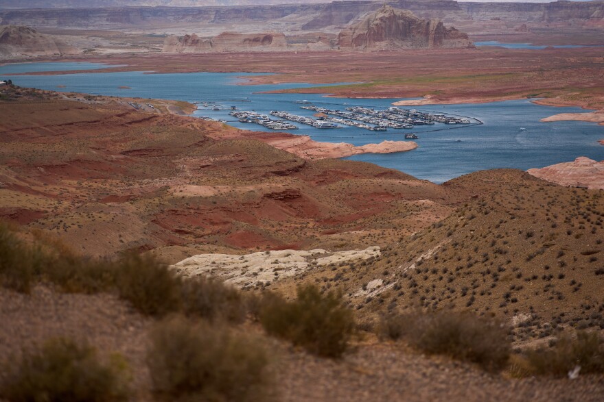 The Wahweap Marina floats on Lake Powell at the Glen Canyon National Recreation Area, Wednesday, July 15, 2026, near Page, Ariz.