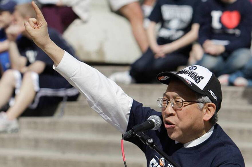 Butler University president Bobby Fong speaks during a pep rally for the Butler men's college basketball team in Indianapolis, Wednesday, March 31, 2010.