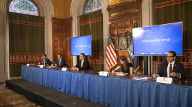 Gov. Andrew Cuomo and staff at the daily COVID-19 briefing at the State Capitol in Albany on Wednesday.