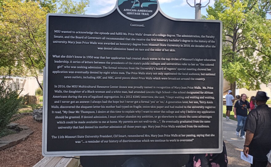 The backside of the historic marker now honoring Mary Jean Price Walls on the MSU campus.
