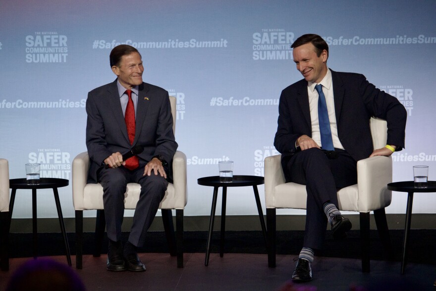 U.S. Senators Richard Blumenthal (D-CT) and Chris Murphy (D-CT) at the Safer Communities Summit, an event to celebrate the passage of gun safety laws, in 2023.