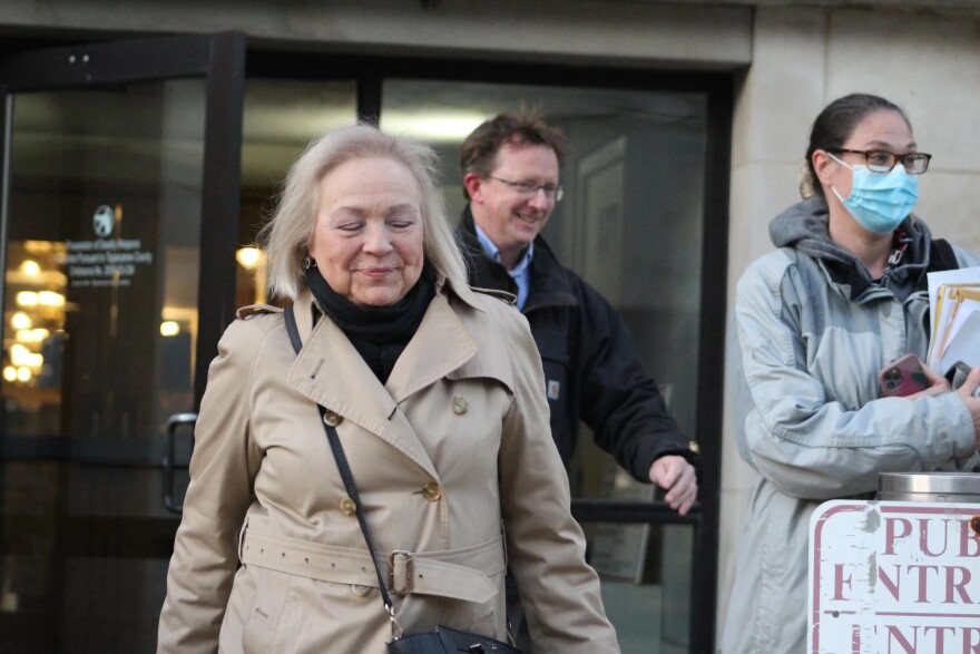 Karen Celestino-Horseman (Left) and Jennifer Teising (Right) leave court following the trail in December of 2021. The Indiana Supreme Court has just vacated the case against Teising (FILE PHOTO: WBAA News/Ben Thorp)