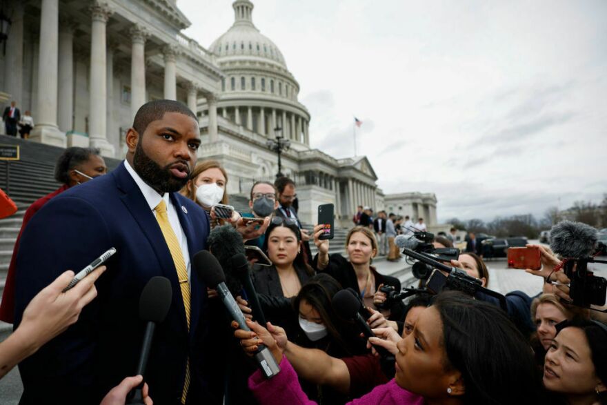 Rep. Byron Donalds, R-Fla., speaks to the media on Wednesday during House speaker elections outside the U.S. Capitol.