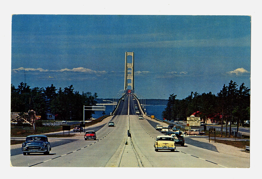 Postcard of "'The Mighty Mac' - as seen from the approaches on the south side," spanning the Mackinac Straits in Michigan.