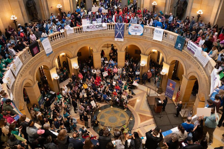 Advocates gather for Disability Day at the Minnesota State Capitol in St. Paul on Tuesday, March 24, 2026, where community members and service providers met with lawmakers to discuss proposed cuts to disability services.