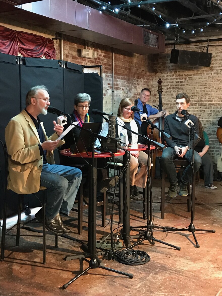 Frank Stasio with Rev. Julie Peeples, Gwen Gosney Erickson, and Andrew Willis GarcÃ©s at the Upstage Cabaret Greensboro.