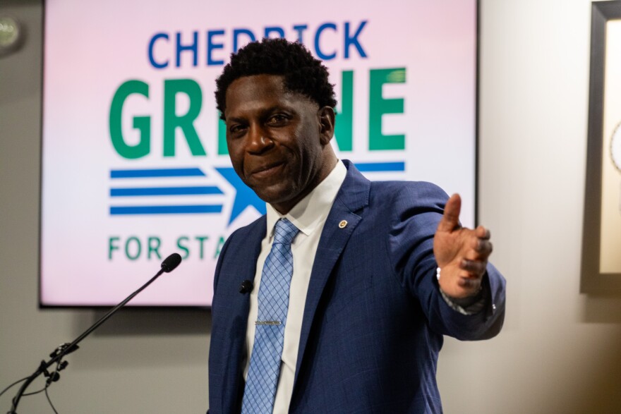 Democrat Chedrick Greene delivers his victory speech to supporters at a union hall in the city of Saginaw on Tuesday May 5, 2026 after learning he won a special election for the open state Senate seat in the 35th District over Republican Jason Tunney.