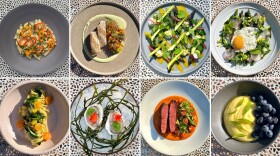 Eight photos arranged in a grid showing elegantly plated food selections from a high-end restaurant.
