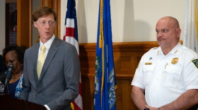 New Haven Mayor Justin Elicker speaks at City Hall on Friday, April 14 2023 asking building department employee Dennice Pair to give herself up to police. Pair is charged with larceny over giving herself over $11,000 in unapproved overtime pay.