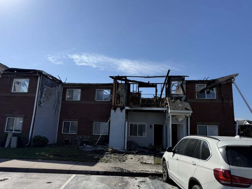 A fire-damaged apartment building at Cross Lake Apartments on Evansville's East Side, Sun., Oct. 5, 2025