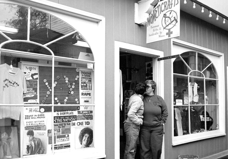 Previous owners Carol Karlmann and Joie Deall outside Womencrafts in 1980.