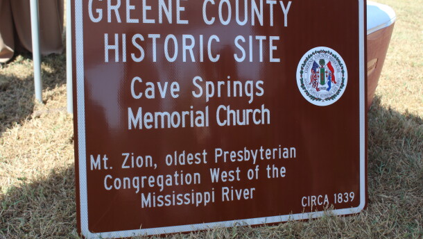 A new sign at Cave Spring Memorial Church in northwest Greene County, Mo. on September 8, 2026.