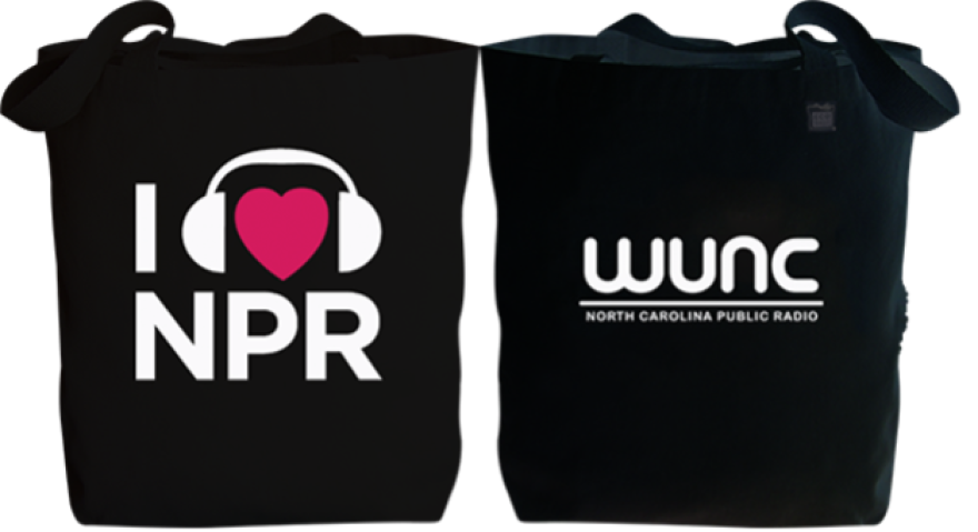 A black totebag featuring the phrase "I heart NPR." in white text with the WUNC logo on the other side