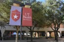 A picture of a lamp post on the grounds of UT Health San Antonio with UT Health San Antonio banners on the sides of it.