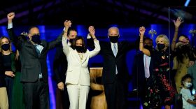 President-elect Joe Biden and Vice President-elect Kamala Harris, stand with their spouses, Dr. Jill Biden and Doug Emhoff, after addressing the nation in Wilmington, Delaware. 