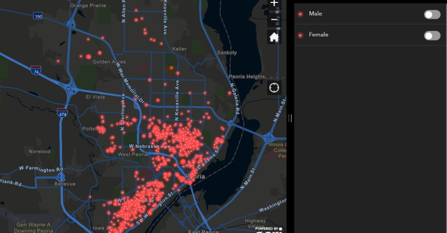 A look at an interactive map showing the location of gunshot victims in Peoria. It can be sorted by time as well as demographics like race, gender and age.