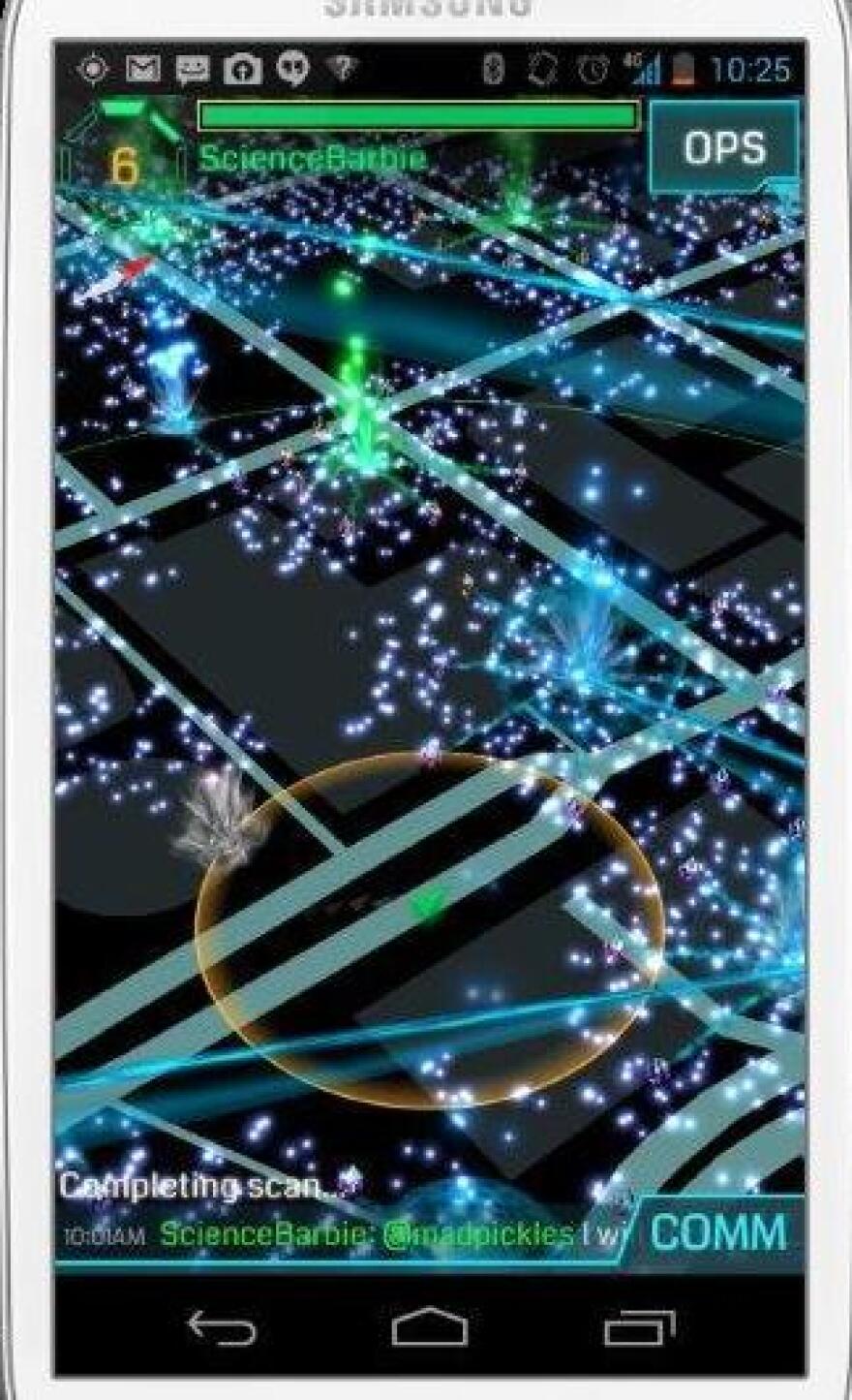 A screen in Ingress shows "exotic matter" a virtual blue-green fog that appears at specific locations around the world at certain times.