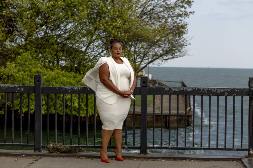 Palencia Mobley, the chief engineer for the city's Department of Water and Sewerage, stands at Mariner Park beside the Detroit River. Mobley says since the flood this past summer she and her team have often been working 12 hour days.