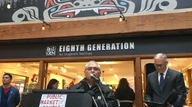 Snoqualmie Tribal Chair Robert de los Angeles speaks outside the Eighth Generation store in Seattle's Pike Place Market.