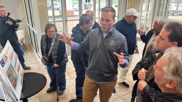 Matt Deitchley, deputy commissioner for the Indiana Department of Transportation's LaPorte District, answers residents' questions Tuesday evening at Granger Missionary Church. INDOT held the meeting to gather public comment about a planned roundabout on State Road 23 at Adams Road in Granger.