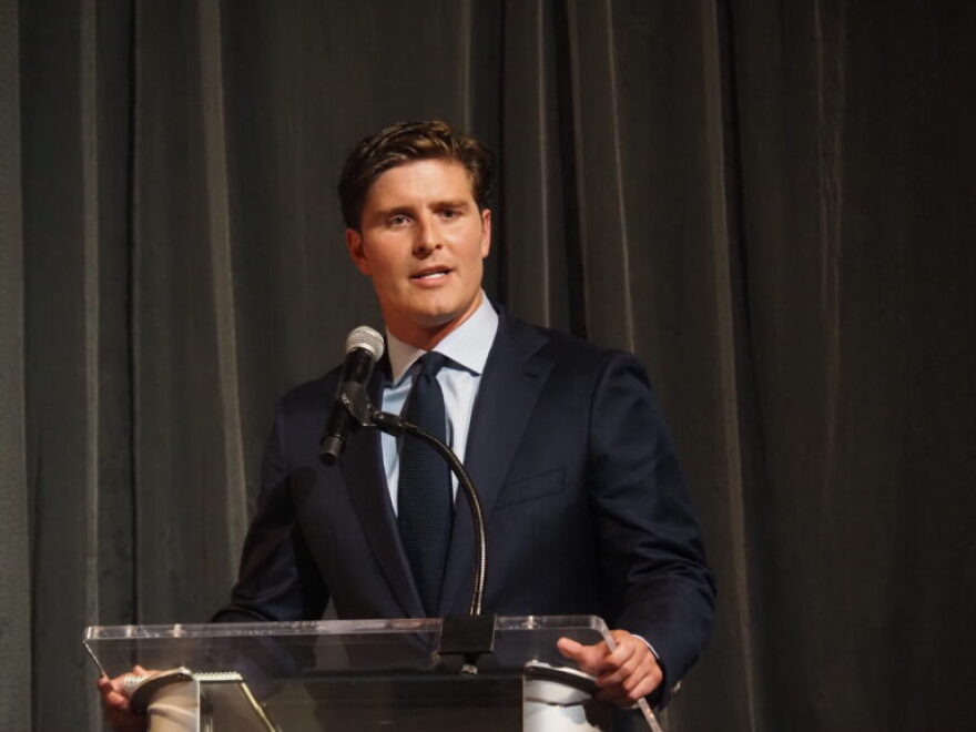 Democrat Beau Bayh answers a question during a debate for Secretary of State on Aug. 26, 2026 in downtown Indianapolis.