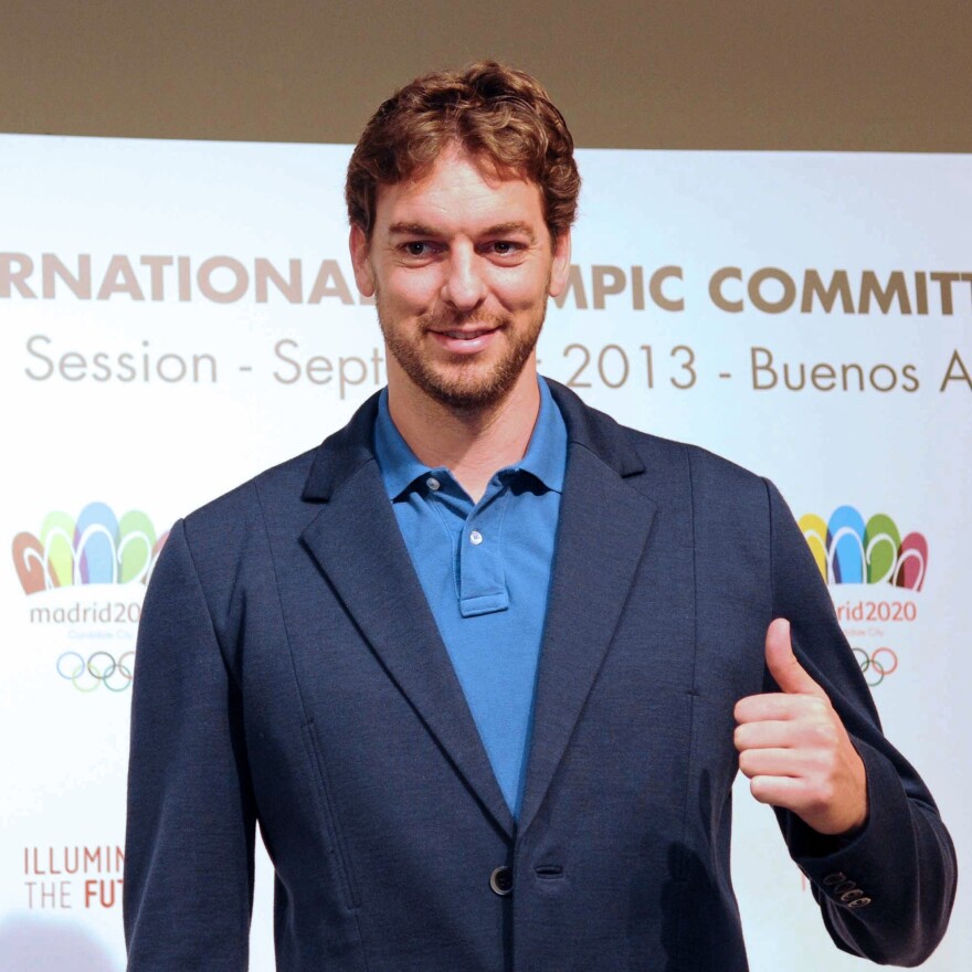 Spanish basketball player Pau Gasol poses during a news conference held in Buenos Aires on Thursday to promote Madrid as host city for the 2020 Olympic Games.