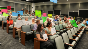 Fort Worth residents gather at a school board meeting on June 1, 2026, to protest against the district reassigning a Muslim principal in late May.