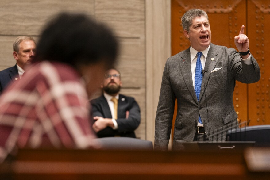 Senator Bill Eigel, R-Weldon Spring, gestures as he debates with Missouri Senate Floor Leader Cindy O'Laughlin, R-Shelbina, not pictured, during session on Thursday, Jan. 25, 2024, in Jefferson City. Senate Republican leadership has clashed with members of the Missouri Freedom Caucus holding up business. 