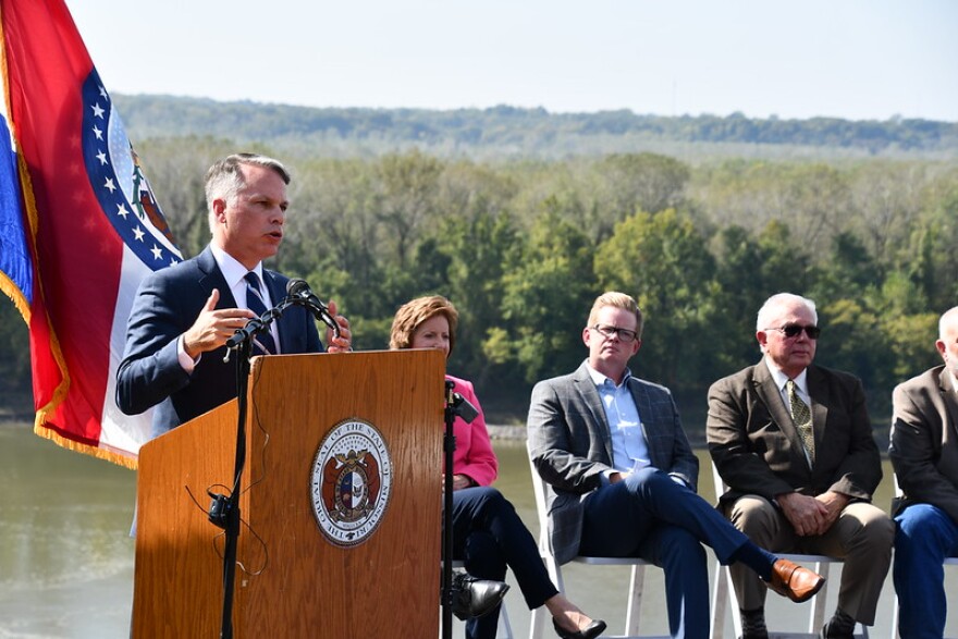 Patrick McKenna, director of the Missouri Department of Transportation, speaks at the I-70 Bridge groundbreaking ceremony on Oct. 12, 2021, in Rocheport, Mo.