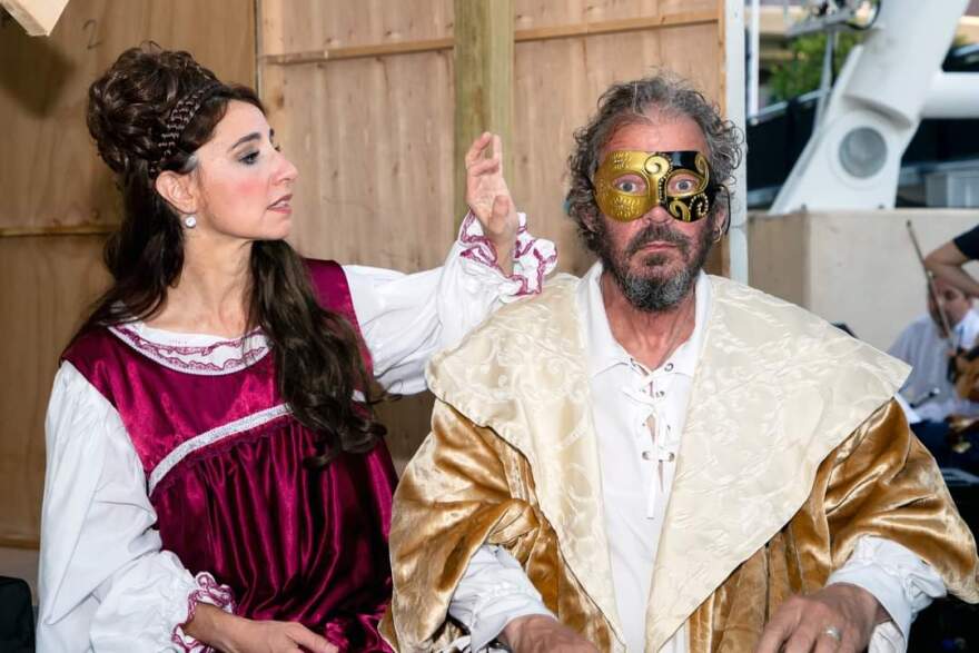 Southern Shakespeare's Laura Johnson and Phil Croton prepare for a performance.