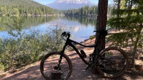 Lake Siskiyou Trail along the shoreline near Mount Shasta, with a wide path, trees and views of the lake and surrounding mountains.
