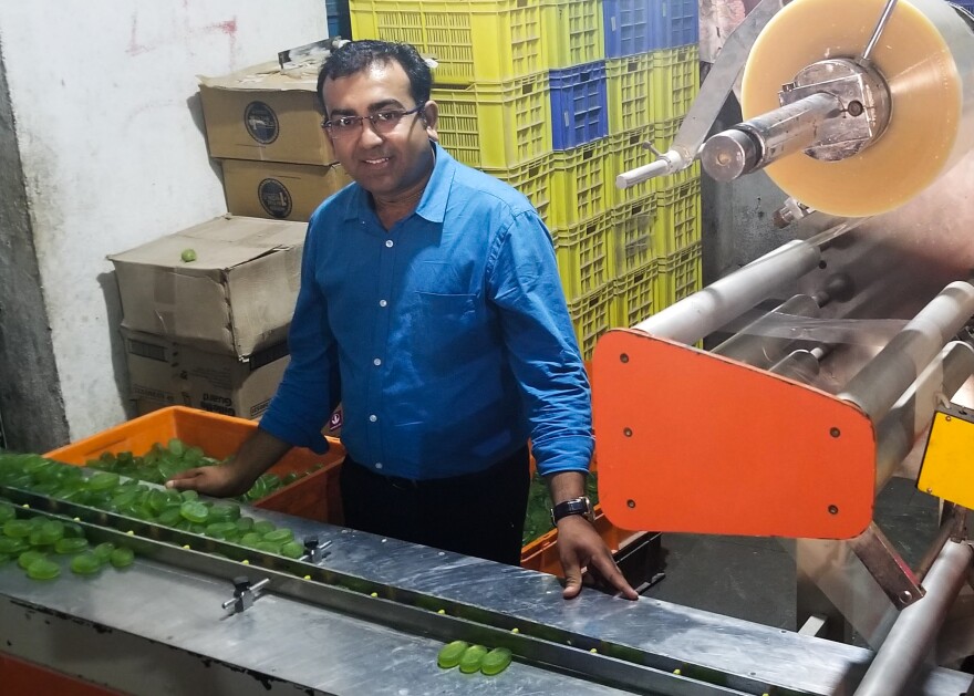 Entrepreneur Umesh Soni, 35, at the factory north of Mumbai where he manufactures his line of cosmetics. Cow urine and dung are some of the ingredients in Soni's products. Hindus believe cows are holy, and that their excrement has healing powers.