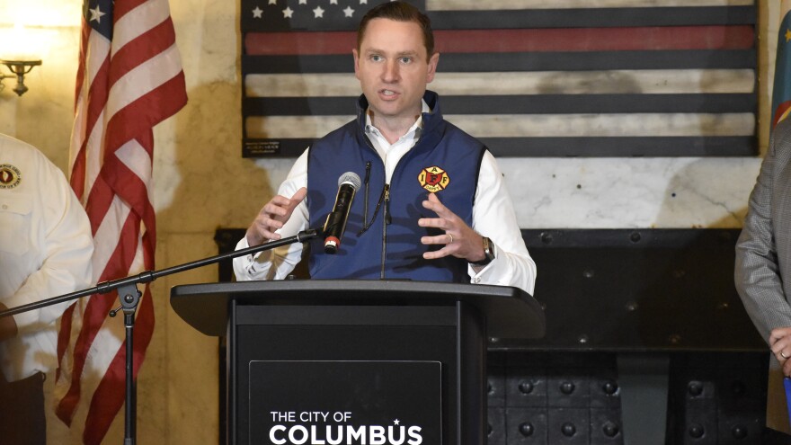 International Association of Firefighters Local 67 President Steve Stein speaks to reporters on May 4, 2026 as the city weighs purchasing a new fire truck from Sutphen Corp.