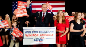 Missouri Attorney General Eric Schmitt celebrates winning the state’s open U.S. Senate seat on Tuesday, Nov. 8, 2022, at a Midterm watch party at the Westport Sheraton Chalet in Maryland Heights.