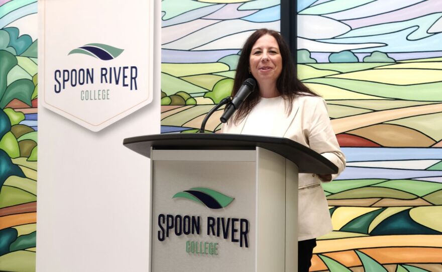 Shelley Barkley speaking at her introductory event at the Spoon River College campus in Macomb. “I’m aware at the state level that this is an institution of excellence, that this is a board of trustees of excellence, and that there’s great faculty and staff caring about students here,” she said.
