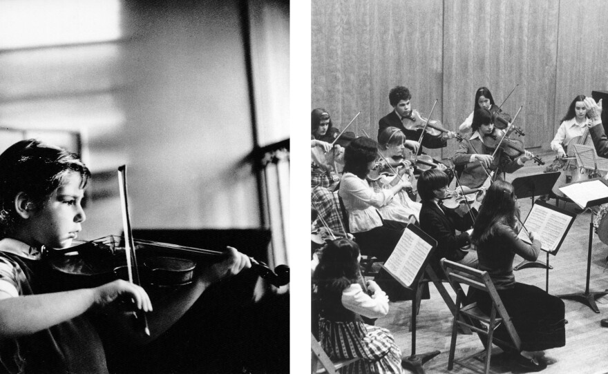 (Left) Totenberg practices with his daughter Amy. (Right) Conducting a student orchestra. Totenberg had a long career teaching at places such as Boston University and the Tanglewood Music Center, and he was director of the Longy School of Music.