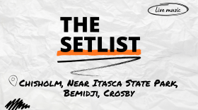 "The Setlist" and "Chisholm, Near Itasca State Park, Bemidji, Crosby" written over a crumpled paper background.