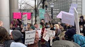 Protesters demonstrate Wednesday, Feb. 5, 2025, outside Tulsa City Hall.