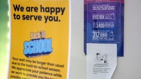 Signs advertising back-to-school vaccinaitons on Wednesday, Aug. 30, 2023, at the John C. Murphy Health Center in Berkeley, Mo. The St. Louis County Health Department is applying to get a special status for this clinic and two others, which would give them additional funding.