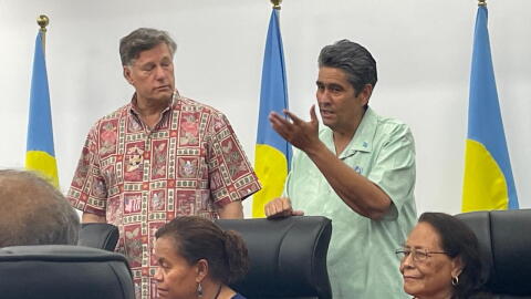 U.S. Deputy Secretary of State Christopher Landau, left, and Palau President Surangel Whipps Jr. at a presentation on critical infrastructure on Sept. 2, 2026, in Koror, Palau. Landau said the United States would partner with Palau to build a new hospital.