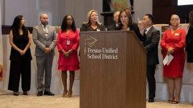 FUSD Superintendent Misty Her speaks at a news conference on Sep. 3 regarding the return of centrally funded trips for students.