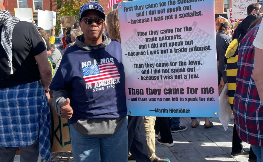 Lisa Garcia of Hillsborough said she attended the No Kings rally in Concord in support of freedom and democracy, and because she’s anti-Trump. She said she believes there are no checks and balances in the federal government right now.