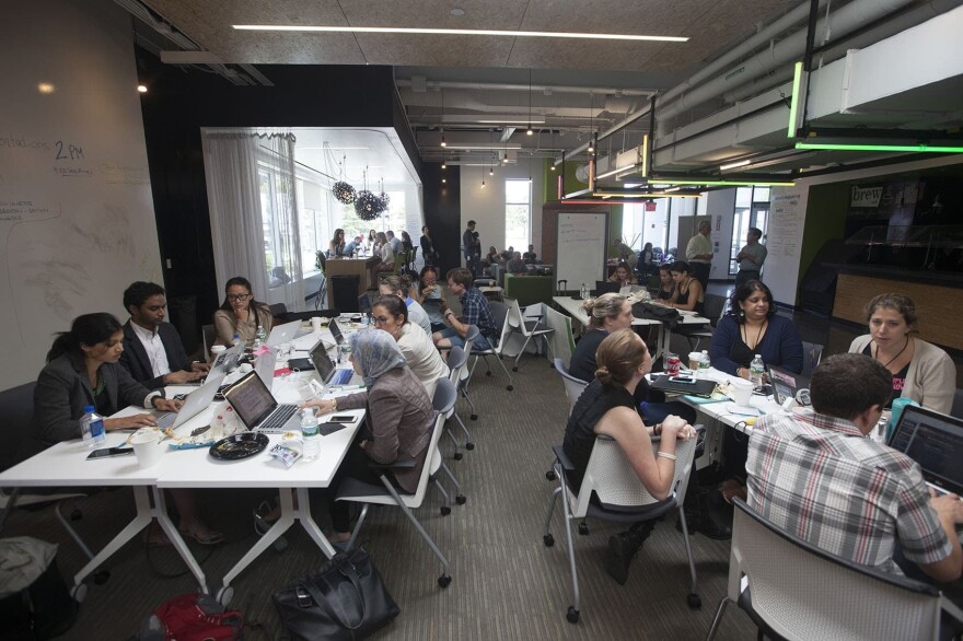 Massachusetts General Hospital and the GE Foundation hosted a hackathon at District Hall to come up with novel ideas and technologies to combat opioid abuse. (Joe Difazio for WBUR)