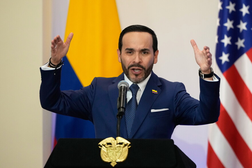FILE - Colombian President Abelardo De La Espriella speaks during a bilateral agreements signing ceremony with U.S. Secretary of State Marco Rubio in Barranquilla, Colombia, on Sept. 8, 2026.