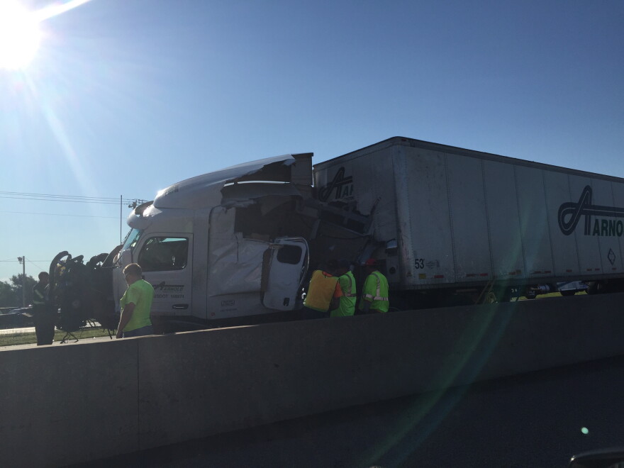 A semi along Interstate 35 between Norman and Moore after an early-morning fatality accident.