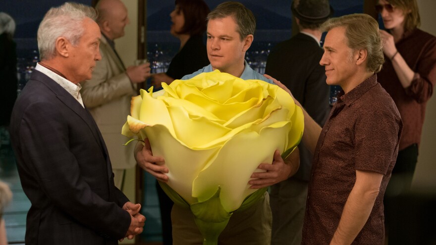 (L to R) Udo Kier as Konrad, Paul (Matt Damon), and Dusan (Christoph Waltz) in <em>Downsizing</em>.