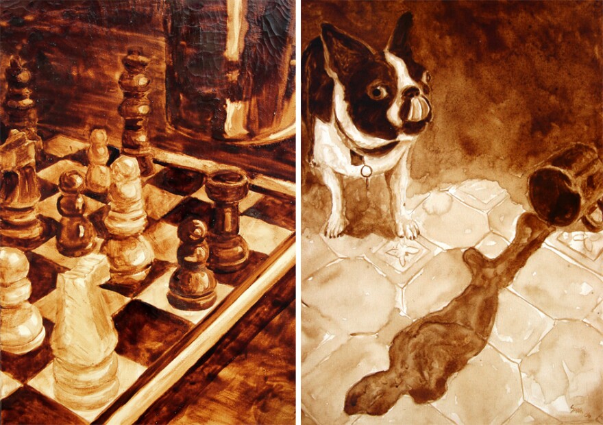 (Left) Coffee Strategy; (Right) Gidget Sneaks a Taste, by Andy and Angel Saur