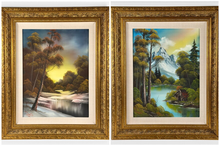 two side-by-side paintings. on left if a winter stream with yellow sky and trees. on right is a snowy mountain top with a lake/stream and a small cabin in the trees.