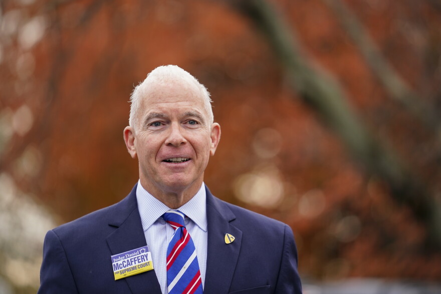 Daniel McCaffery, Democratic candidate for Pennsylvania Supreme Court judge, arrives at his polling place to vote in Philadelphia, Tuesday, Nov. 7, 2023.