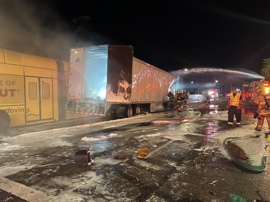 After a collision between the light rail and a semi-truck on Sunday, Sept. 14, 2025, in Phoenix.